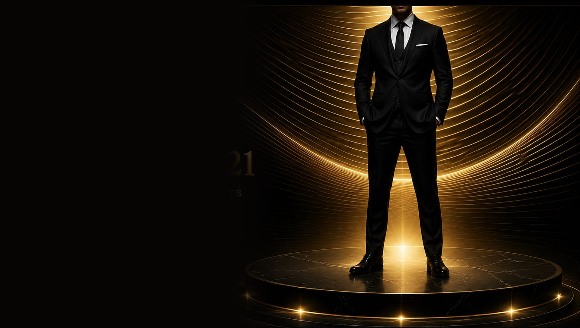 Saltiremen close protection officer in a tailored black suit standing on a circular black plinth against a curved wall of golden ribbed bands