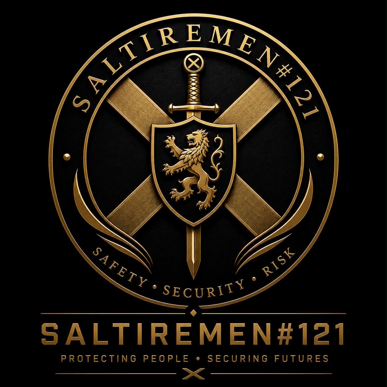 Saltiremen#121 crest with rampant lion, saltire and sword
