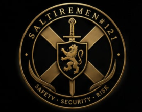 Saltiremen#121 circular crest with rampant lion, saltire and sword
